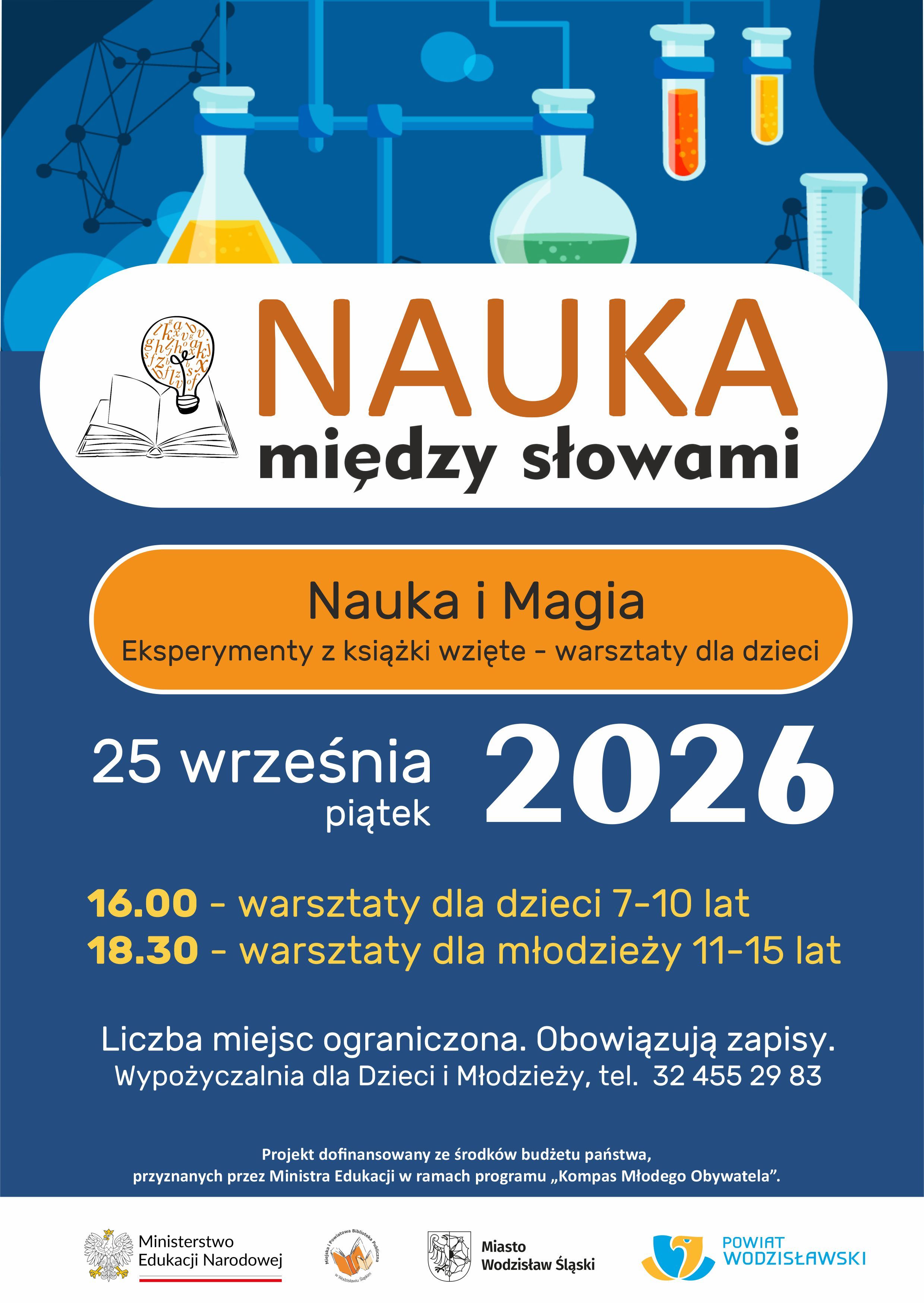 Nauka i&nbsp;magia. Warsztaty. Projekt "Nauka między słowami" - plakat